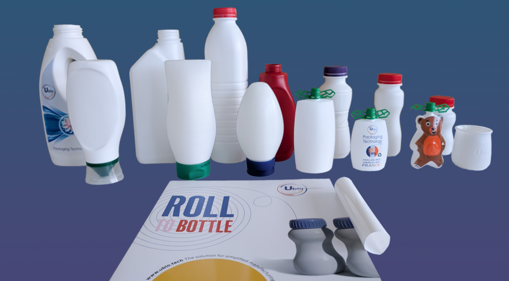 Assortment of recyclable plastic bottles and pouches created with Ublo’s Roll-to-Bottle technology