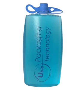 Blue 200 mL flexible pouch with Ublo branding and tethered cap