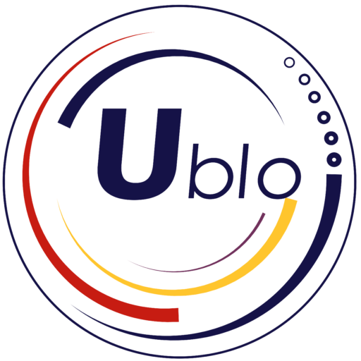 Ublo circular logo with dynamic red, yellow, and navy blue lines