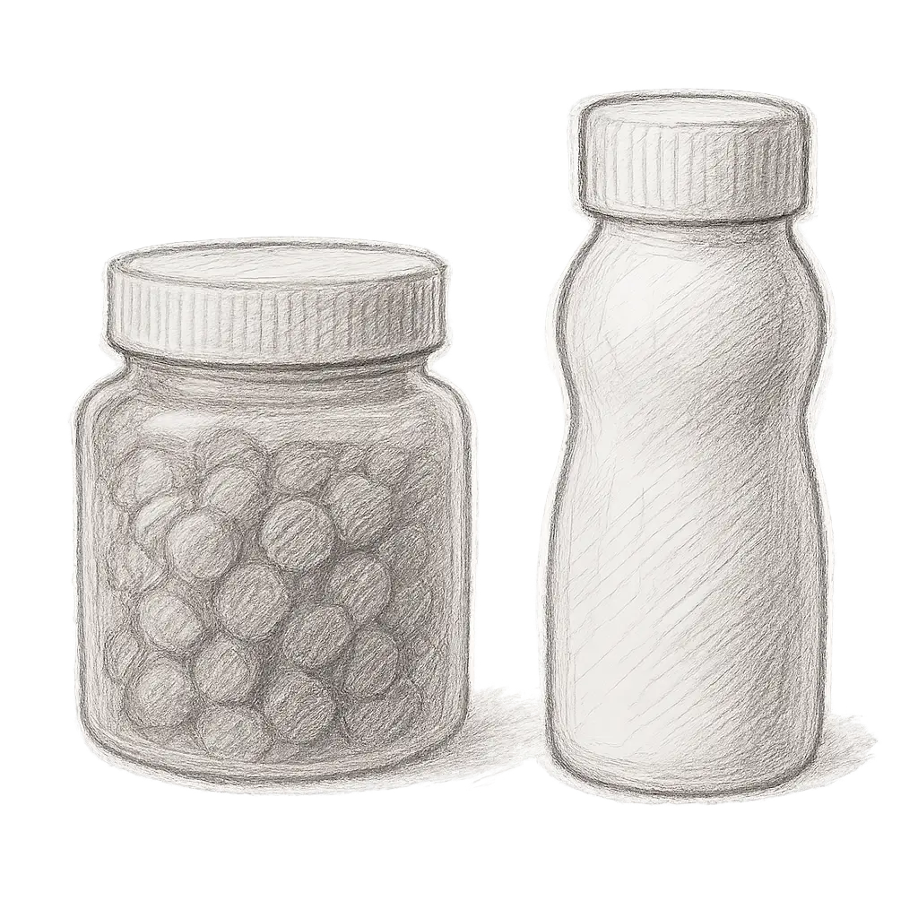 Sketches of recyclable jar and bottle for supplements and nutritional drinks