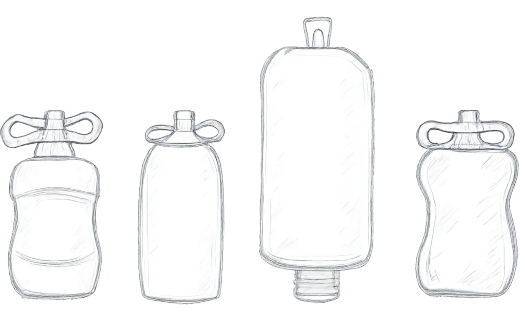 Hand-drawn sketches of spouted pouches for dairy and fruit-based products