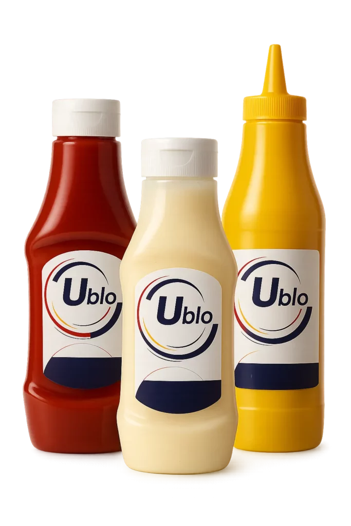 Recyclable Ublo plastic bottles for ketchup, mayonnaise, and mustard