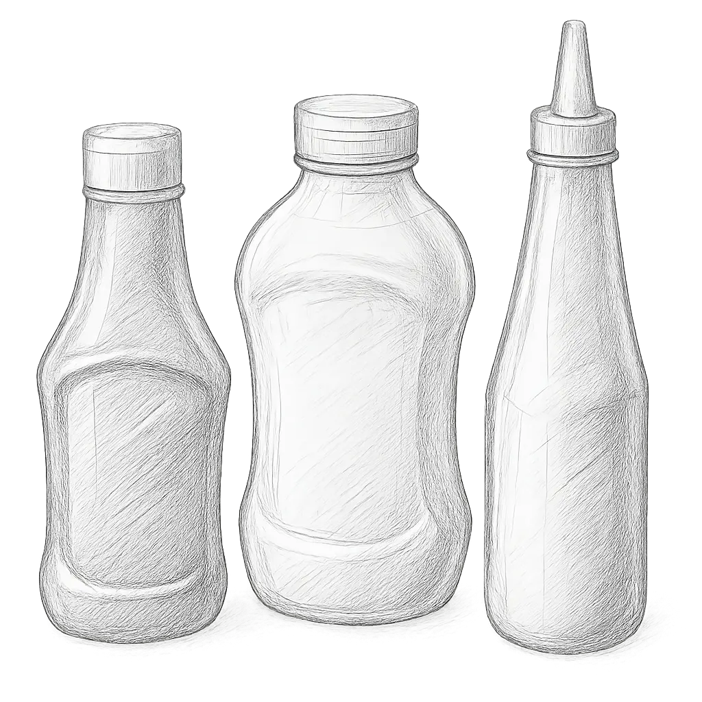 Sketches of plastic bottles for ketchup, mayonnaise, and mustard