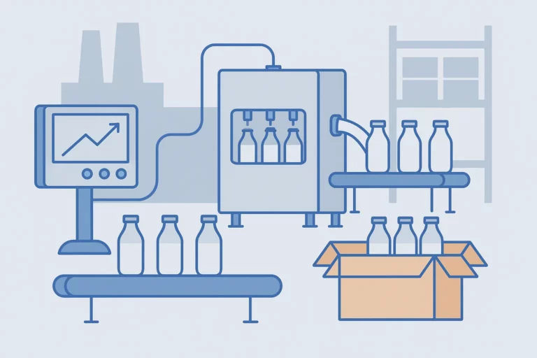 Automated filling machine placing recyclable bottles in packaging boxes