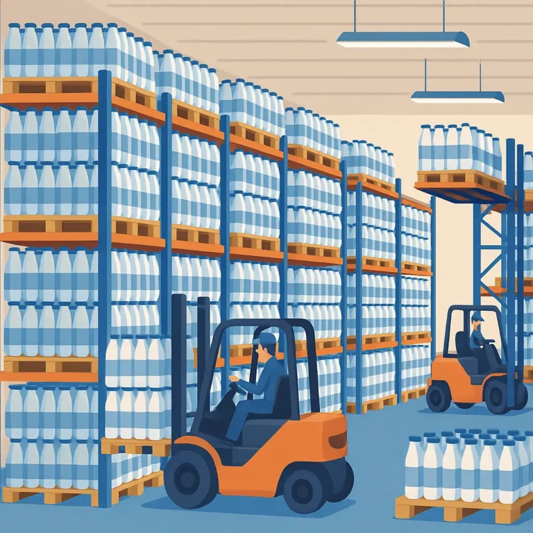 Forklifts handling pallets of plastic bottles in a warehouse