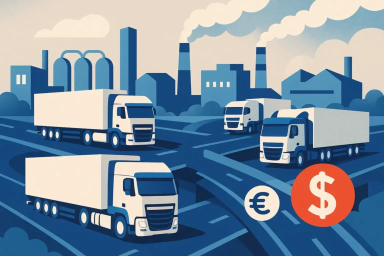 Trucks leaving factories illustrating logistics and transport cost in industrial production
