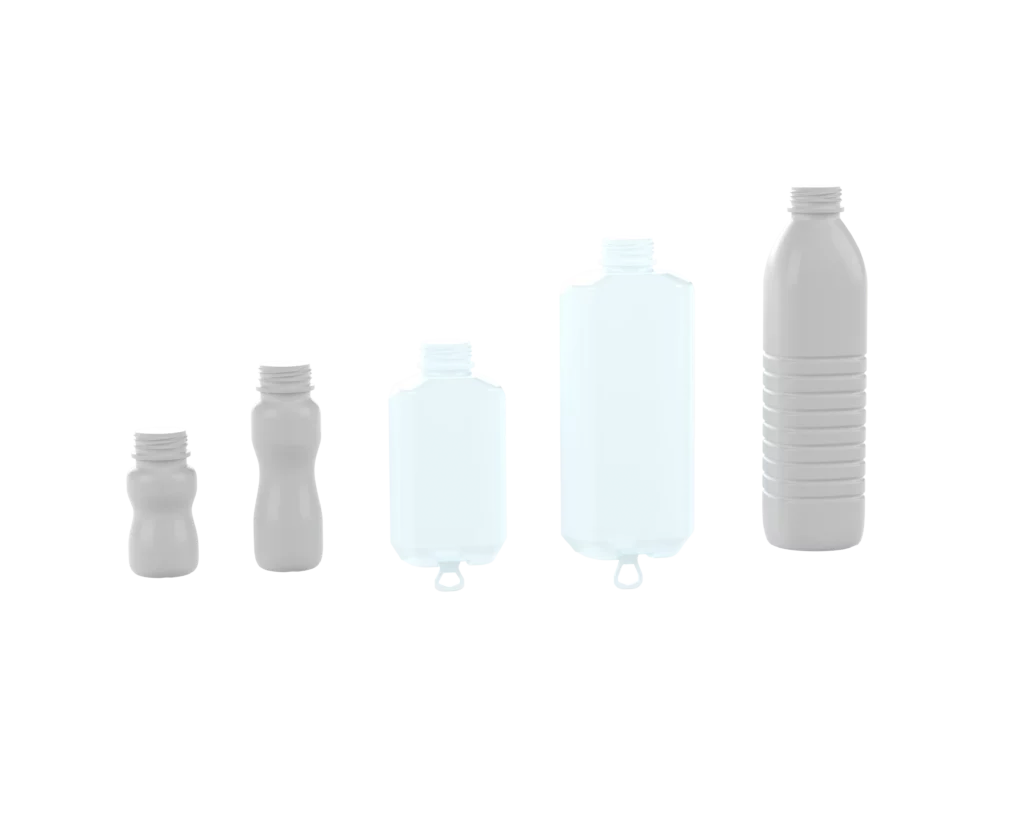 Line-up of recyclable plastic bottles in various shapes and sizes