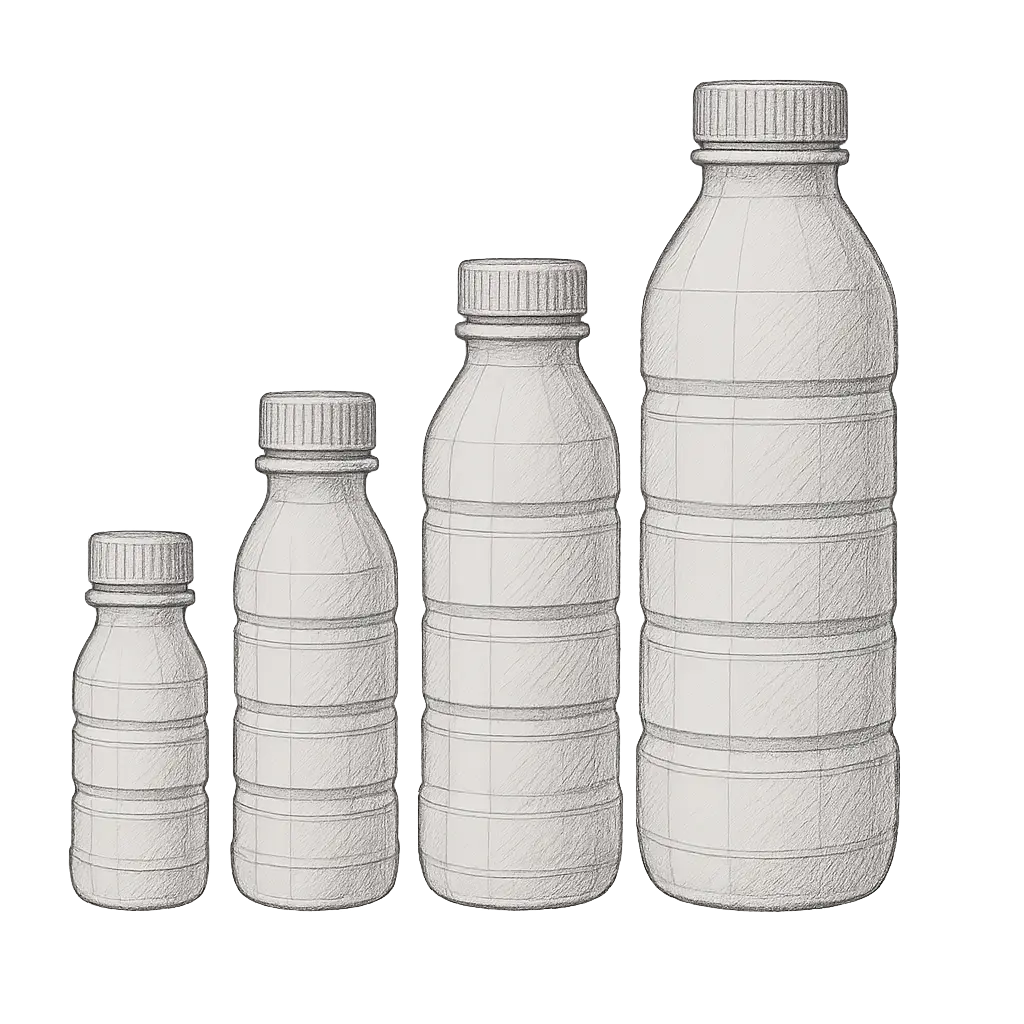 Hand-drawn sketches of recyclable plastic bottles in multiple sizes